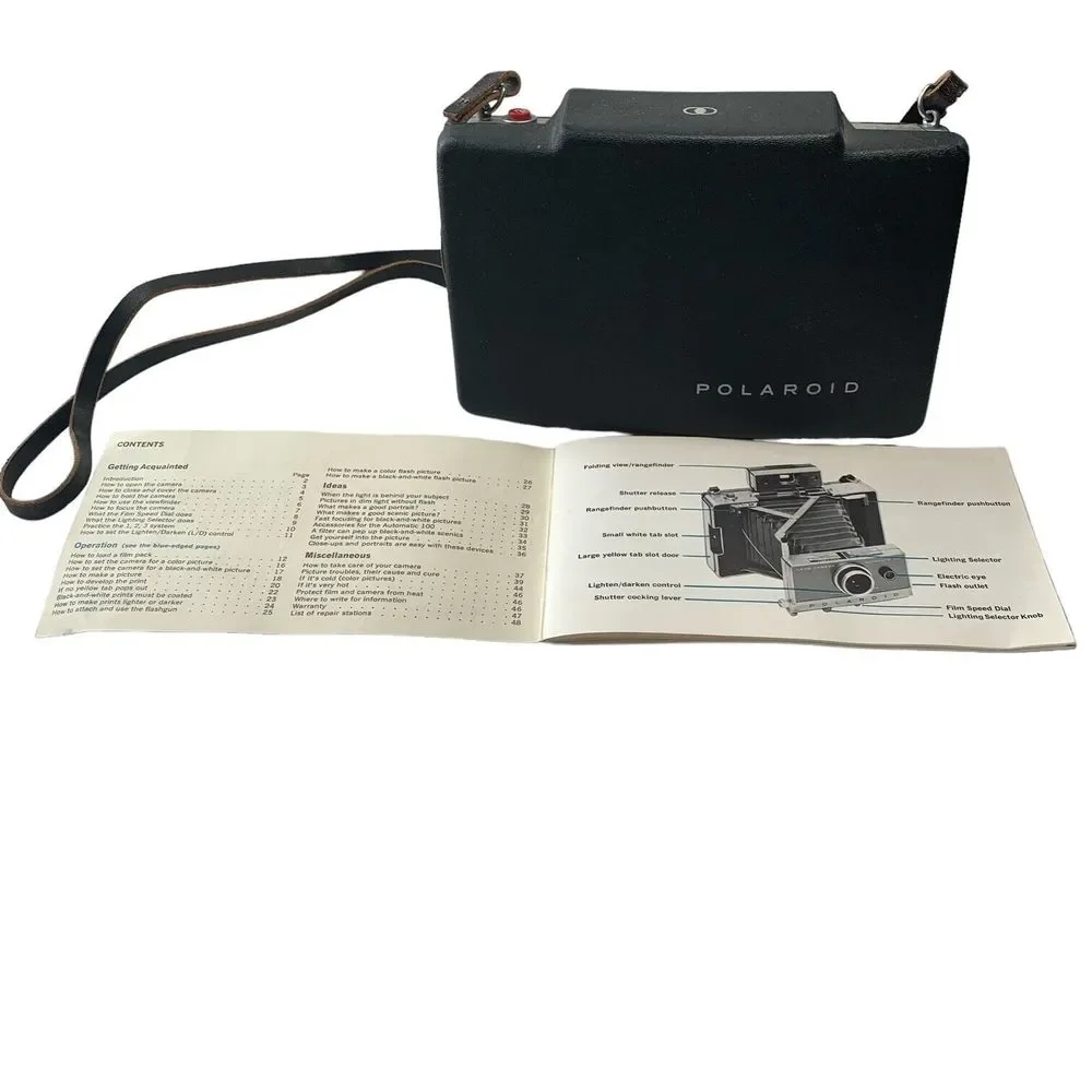 1970s Polaroid Automatic 100 Land Camera w/Bag Film Booklet and Extras Working